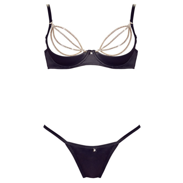 Soutien-gorge sexy demi-seins en satin avec chainette et string 